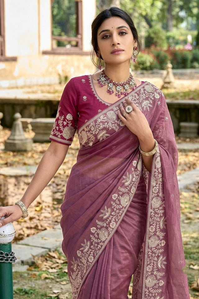 Mauve Floral Embroidered Silk Saree (VZ-Toxic)