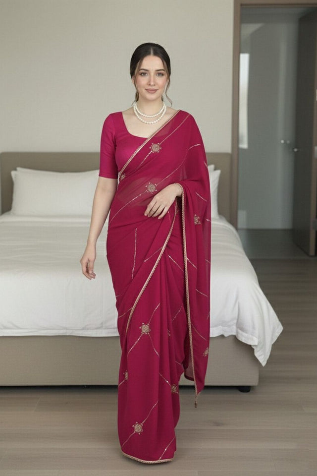 Pink Beads Embroidered Border Silk Saree (VZ-Yaaraa-Pink)