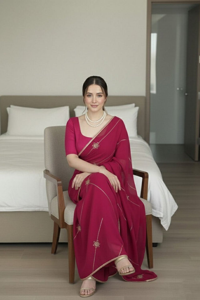 Pink Beads Embroidered Border Silk Saree (VZ-Yaaraa-Pink)