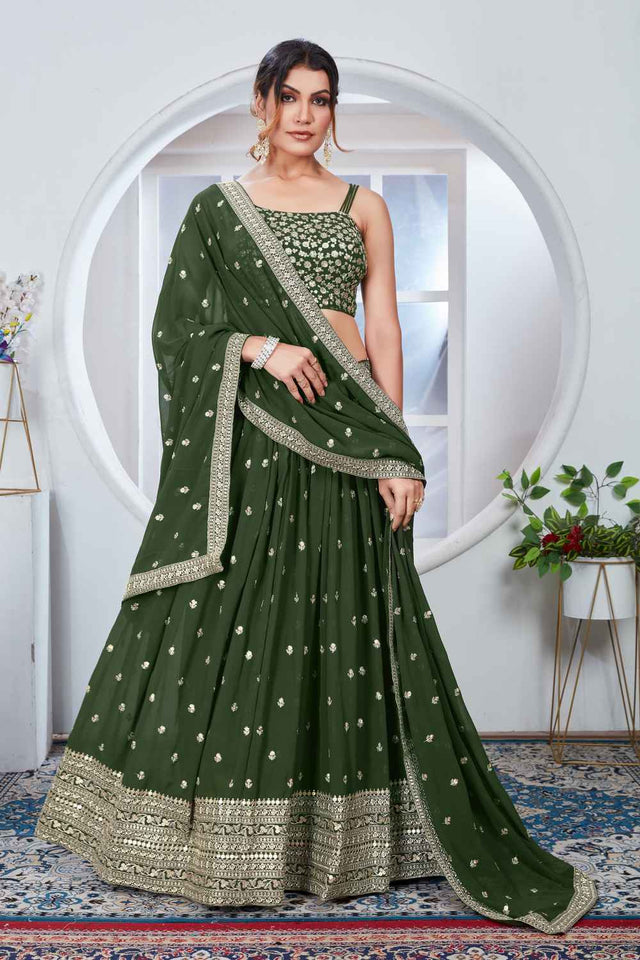 Mehendi Sequins with Embroidered Georgette Lehenga (Vamika_Mahendi)