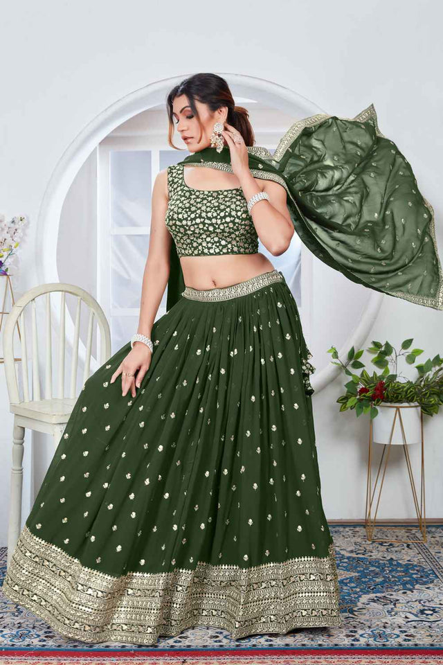 Mehendi Sequins with Embroidered Georgette Lehenga (Vamika_Mahendi)