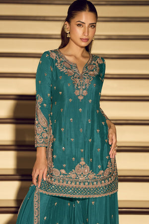 Turquoise Embroidered Art Silk Palazzo Suit (Vega Sayuri Kanchan - 10200)