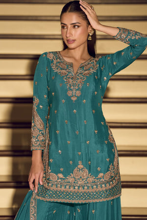 Turquoise Embroidered Art Silk Palazzo Suit (Vega Sayuri Kanchan - 10200)