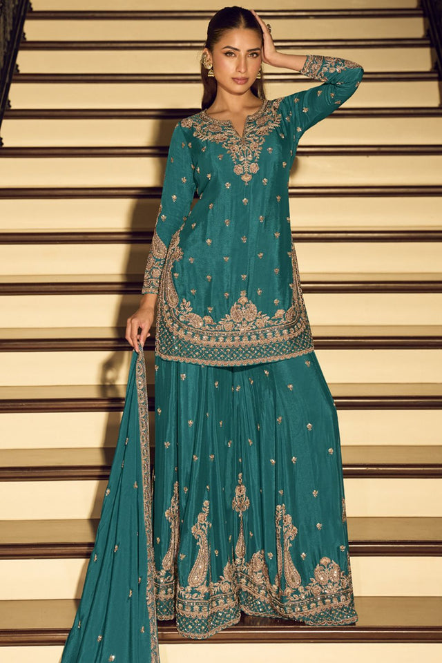 Turquoise Embroidered Art Silk Palazzo Suit (Vega Sayuri Kanchan - 10200)