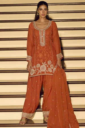 Orange Embroidered Art Silk Palazzo Suit (Vega Sayuri Kanchan - 10201)