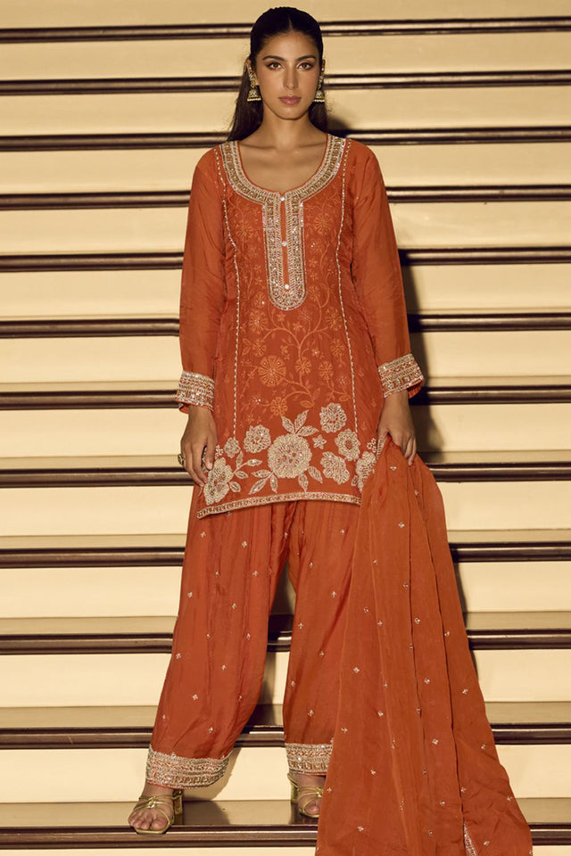 Orange Embroidered Art Silk Palazzo Suit (Vega Sayuri Kanchan - 10201)