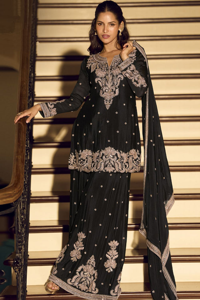 Black Embroidered Art Silk Palazzo Suit (Vega Sayuri Kanchan - 10202)