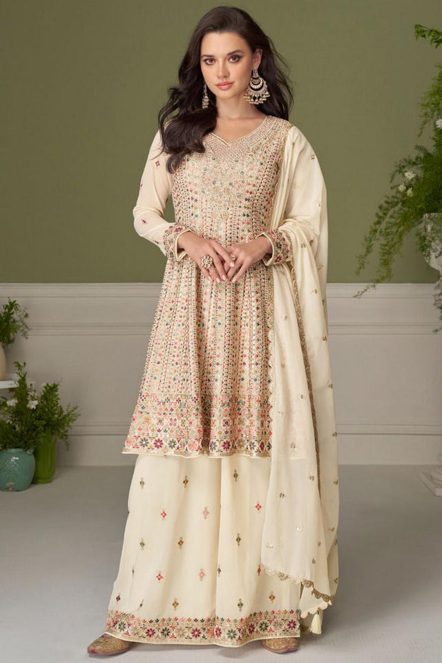 Cream Floral Embroidered Georgette Palazzo Suit (Vega Gulkayra Glamour - 7557)