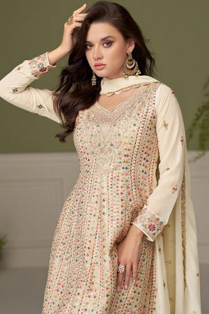 Cream Floral Embroidered Georgette Palazzo Suit (Vega Gulkayra Glamour - 7557)