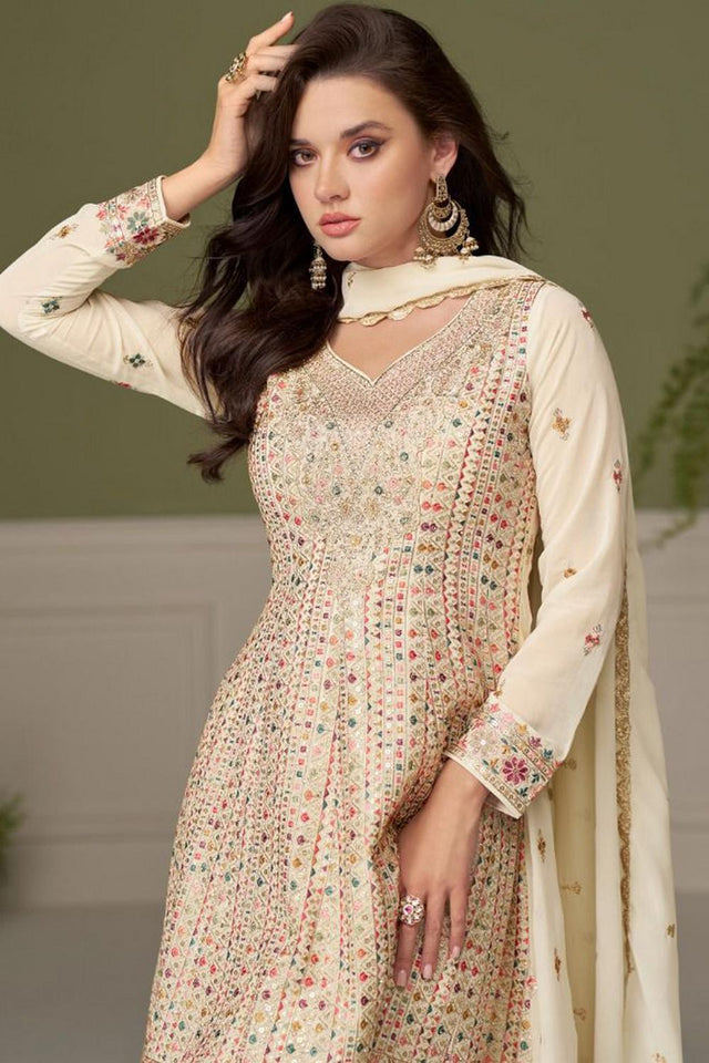 Cream Floral Embroidered Georgette Palazzo Suit (Vega Gulkayra Glamour - 7557)