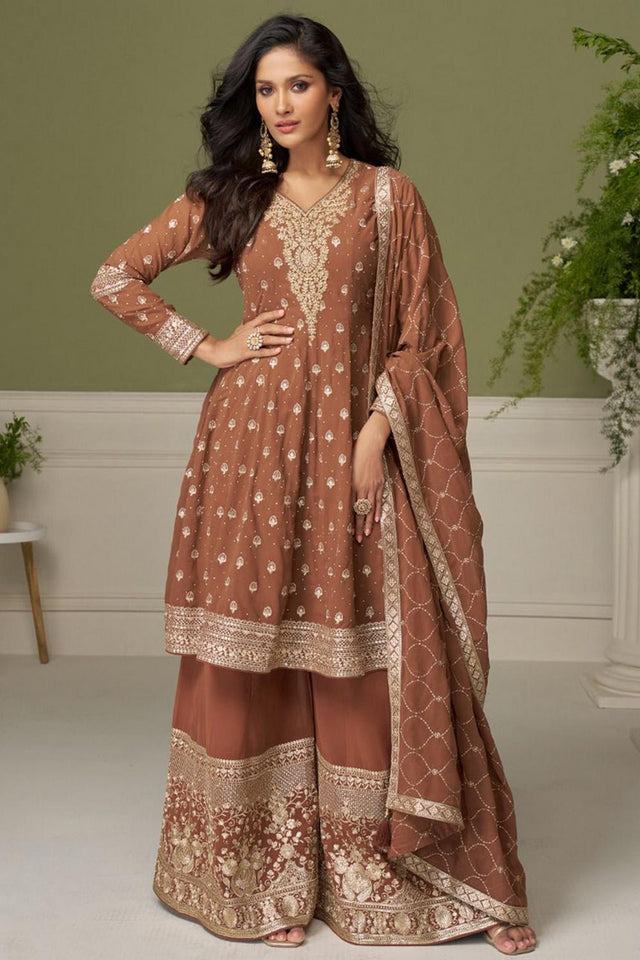 Brown Floral Embroidered Georgette Palazzo Suit (Vega Gulkayra Glamour - 7558)
