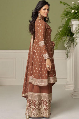 Brown Floral Embroidered Georgette Palazzo Suit (Vega Gulkayra Glamour - 7558)