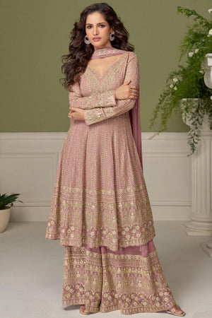 Pink Floral Embroidered Georgette Palazzo Suit (Vega Gulkayra Glamour - 7559)