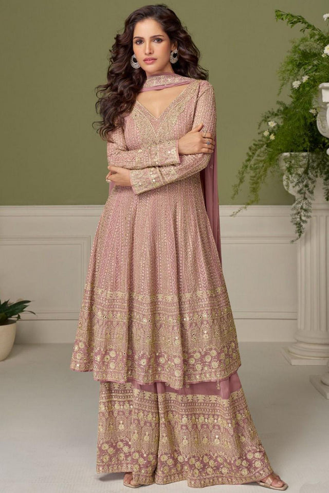 Pink Floral Embroidered Georgette Palazzo Suit (Vega Gulkayra Glamour - 7559)