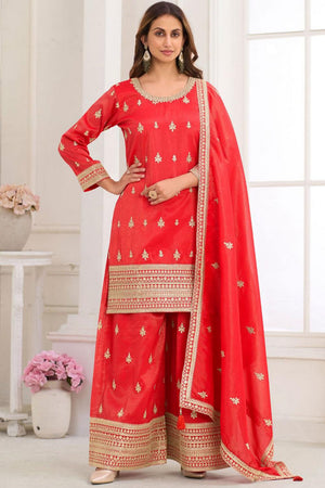 Red Floral Embroidered Art Silk Palazzo Suit (Vega Gulkayra Niru - 7546-A)