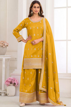 Yellow Floral Embroidered Art Silk Palazzo Suit (Vega Gulkayra Niru - 7546-B)
