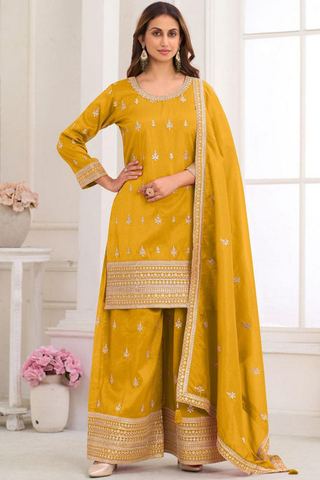 Yellow Floral Embroidered Art Silk Palazzo Suit (Vega Gulkayra Niru - 7546-B)