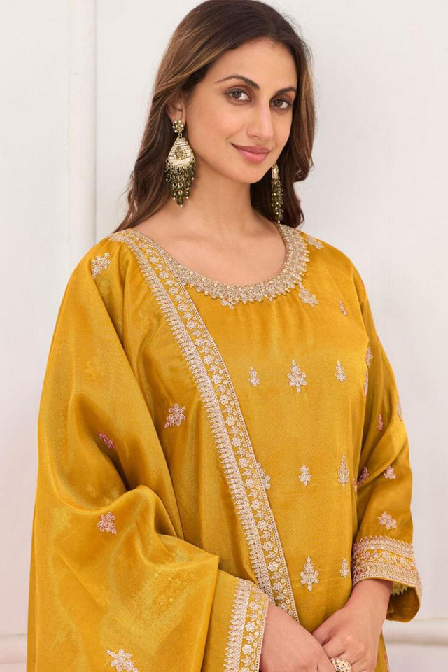 Yellow Floral Embroidered Art Silk Palazzo Suit (Vega Gulkayra Niru - 7546-B)