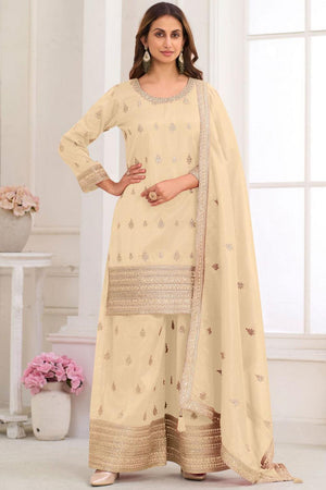 Cream Floral Embroidered Art Silk Palazzo Suit (Vega Gulkayra Niru - 7546-C)