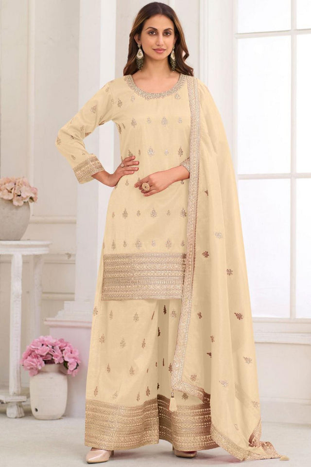 Cream Floral Embroidered Art Silk Palazzo Suit (Vega Gulkayra Niru - 7546-C)