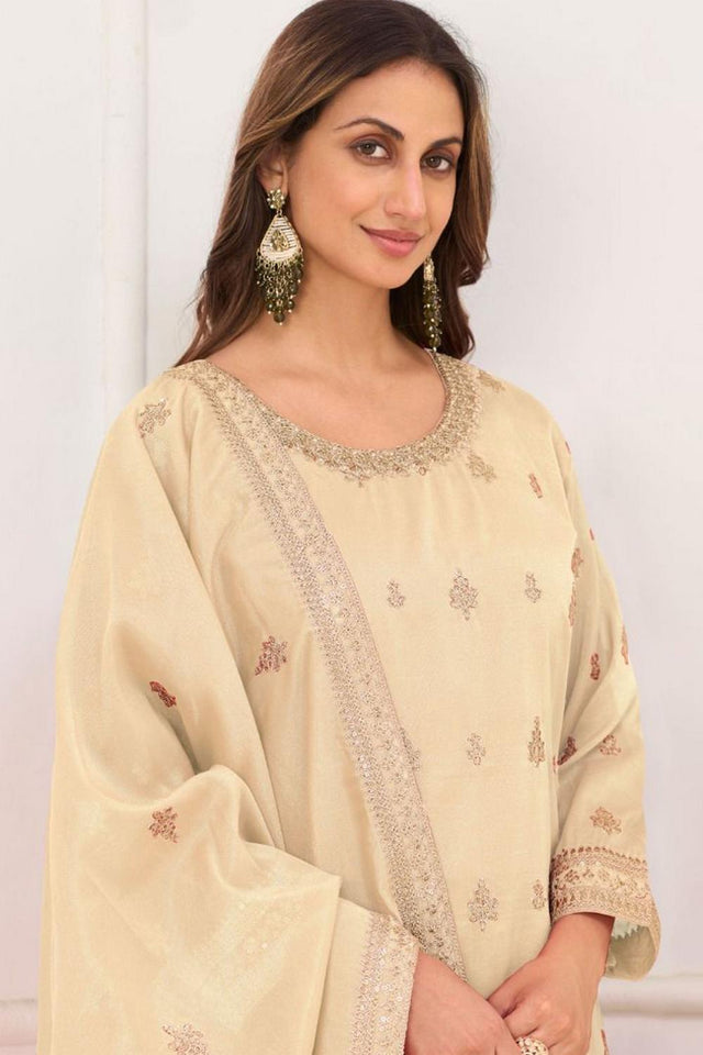 Cream Floral Embroidered Art Silk Palazzo Suit (Vega Gulkayra Niru - 7546-C)