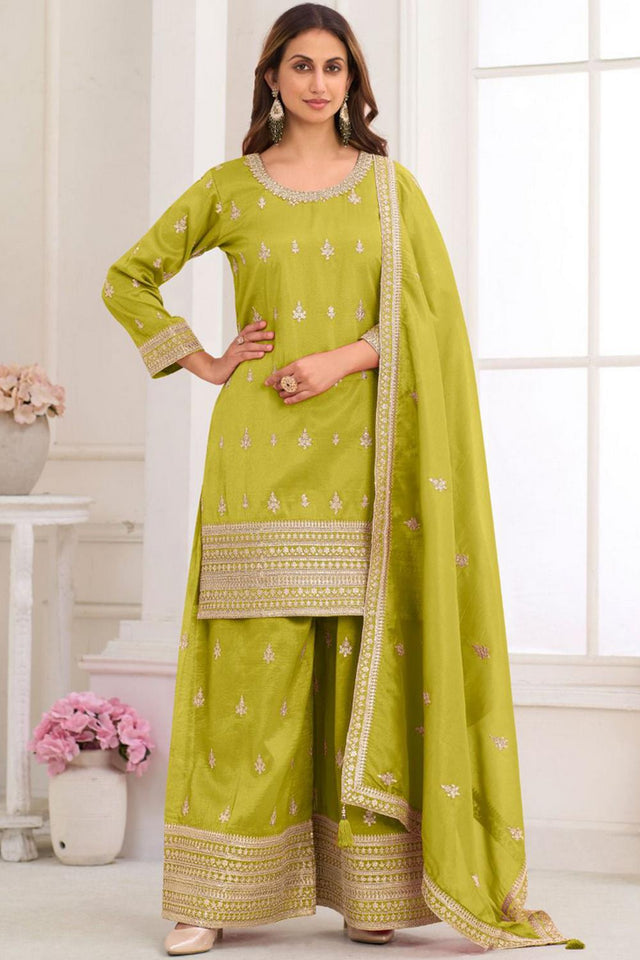 Green Floral Embroidered Art Silk Palazzo Suit (Vega Gulkayra Niru - 7546-D)