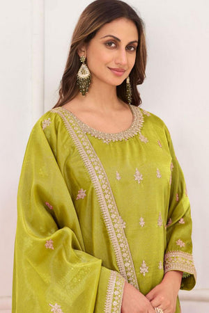 Green Floral Embroidered Art Silk Palazzo Suit (Vega Gulkayra Niru - 7546-D)