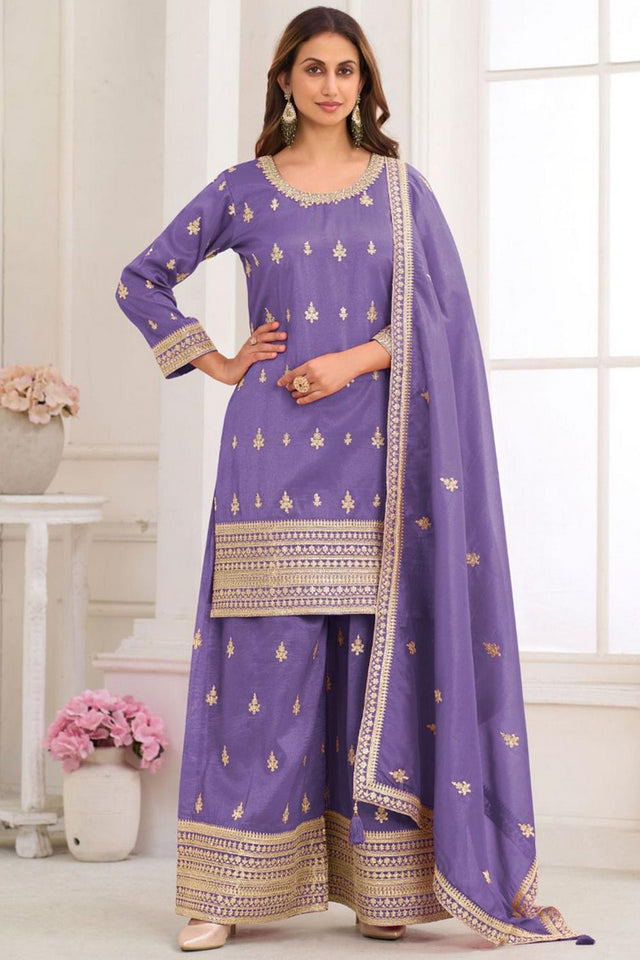 Violet Floral Embroidered Art Silk Palazzo Suit (Vega Gulkayra Niru - 7546-E)