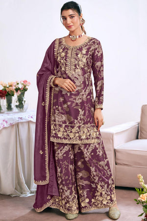 Lavender Floral Embroidered Art Silk Palazzo Suit (Vega Radha Zeel - 5041)