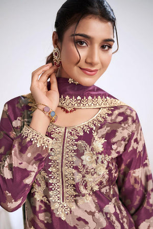 Lavender Floral Embroidered Art Silk Palazzo Suit (Vega Radha Zeel - 5041)