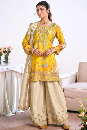 Yellow Floral Embroidered Art Silk Palazzo Suit (Vega Radha Zeel - 5042)