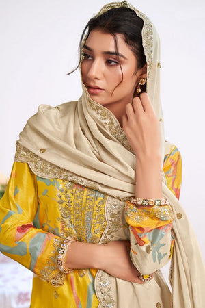 Yellow Floral Embroidered Art Silk Palazzo Suit (Vega Radha Zeel - 5042)