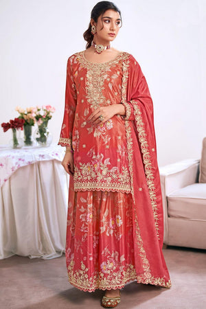 Red Floral Embroidered Art Silk Palazzo Suit (Vega Radha Zeel - 5043)