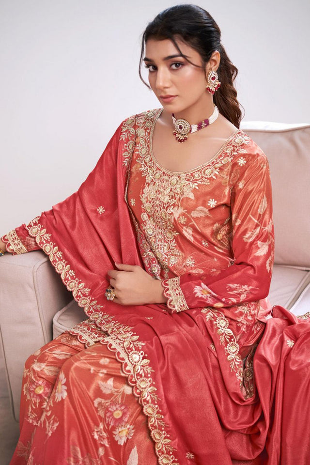 Red Floral Embroidered Art Silk Palazzo Suit (Vega Radha Zeel - 5043)