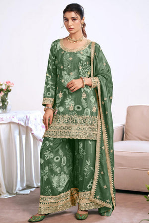 Dark Green Floral Embroidered Art Silk Palazzo Suit (Vega Radha Zeel - 5044)