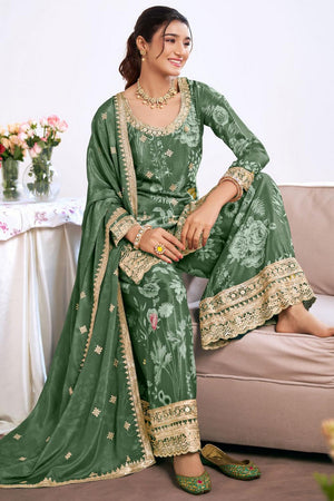 Dark Green Floral Embroidered Art Silk Palazzo Suit (Vega Radha Zeel - 5044)