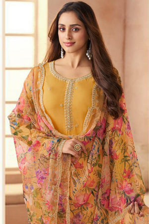 Yellow Floral Embroidered Art Silk Straight Cut Suit (Vega Vinay Anmol - 77191)