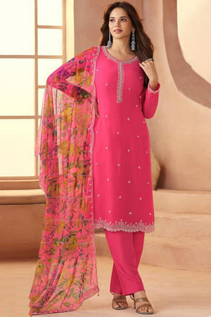 Pink Floral Embroidered Art Silk Straight Cut Suit (Vega Vinay Anmol - 77192)