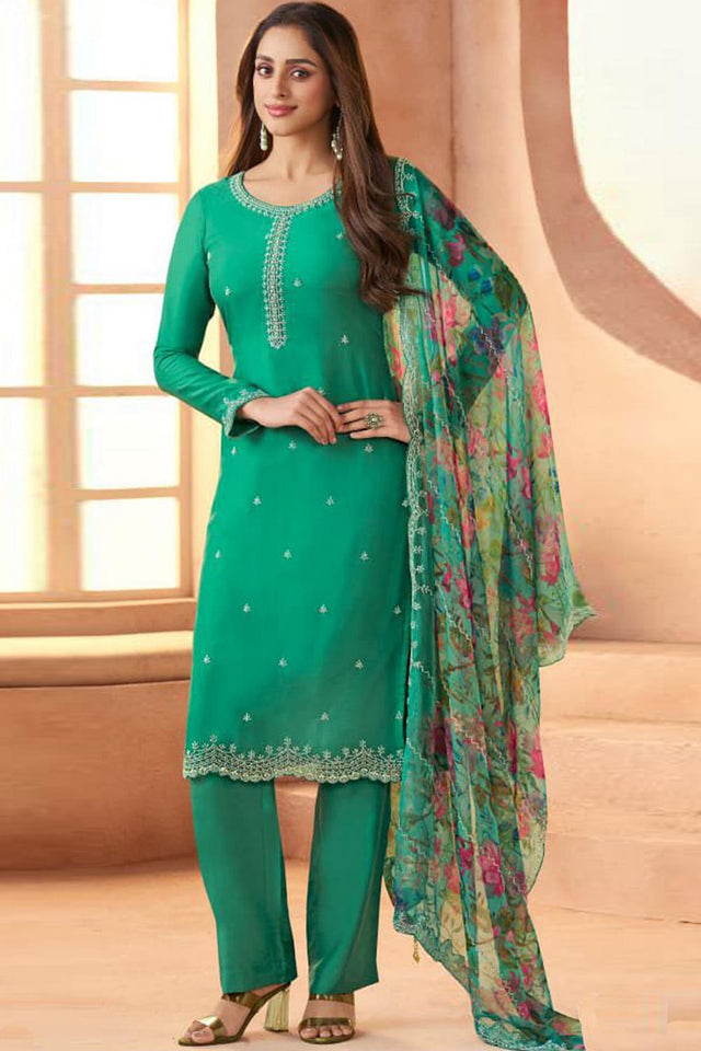 Dark Green Floral Embroidered Art Silk Straight Cut Suit (Vega Vinay Anmol - 77193)