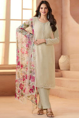 Cream Floral Embroidered Art Silk Straight Cut Suit (Vega Vinay Anmol - 77194)