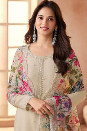 Cream Floral Embroidered Art Silk Straight Cut Suit (Vega Vinay Anmol - 77194)