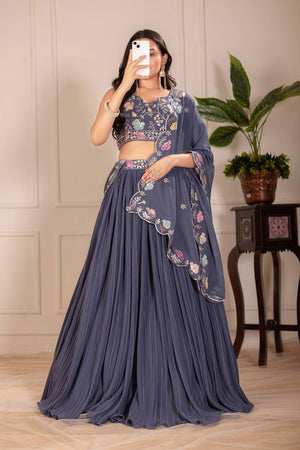 Grey Solid Georgette Lehenga (Venzy_Grey)
