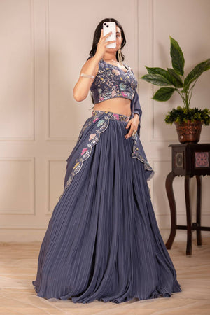 Grey Solid Georgette Lehenga (Venzy_Grey)