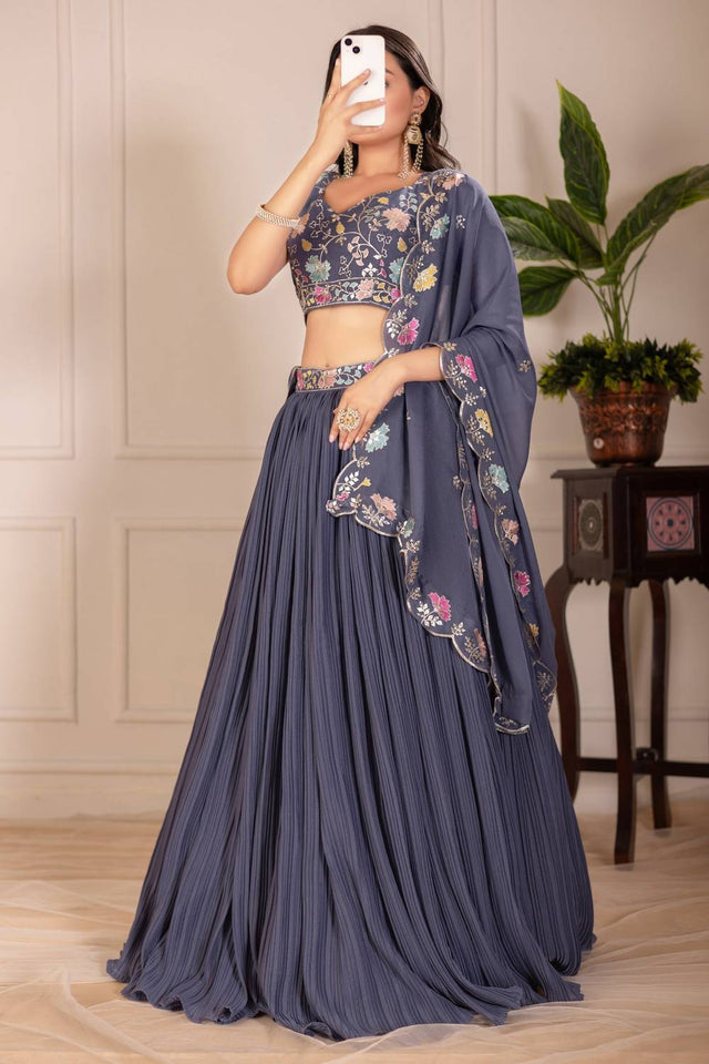 Grey Solid Georgette Lehenga (Venzy_Grey)