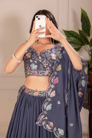 Grey Solid Georgette Lehenga (Venzy_Grey)