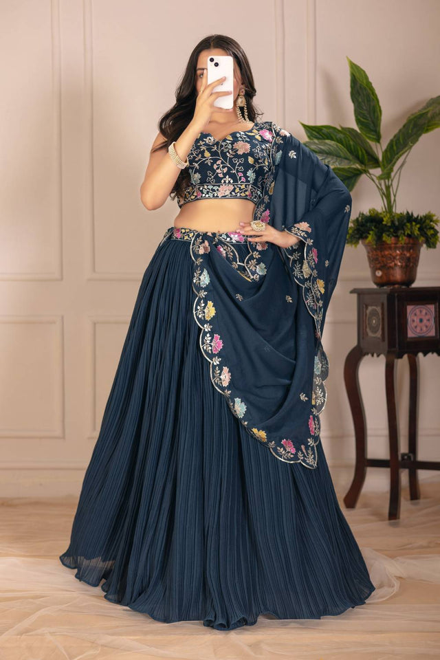 Turquoise Solid Georgette Lehenga
