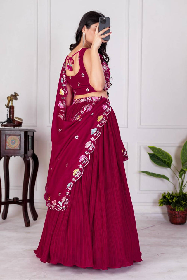Red Solid Georgette Lehenga
