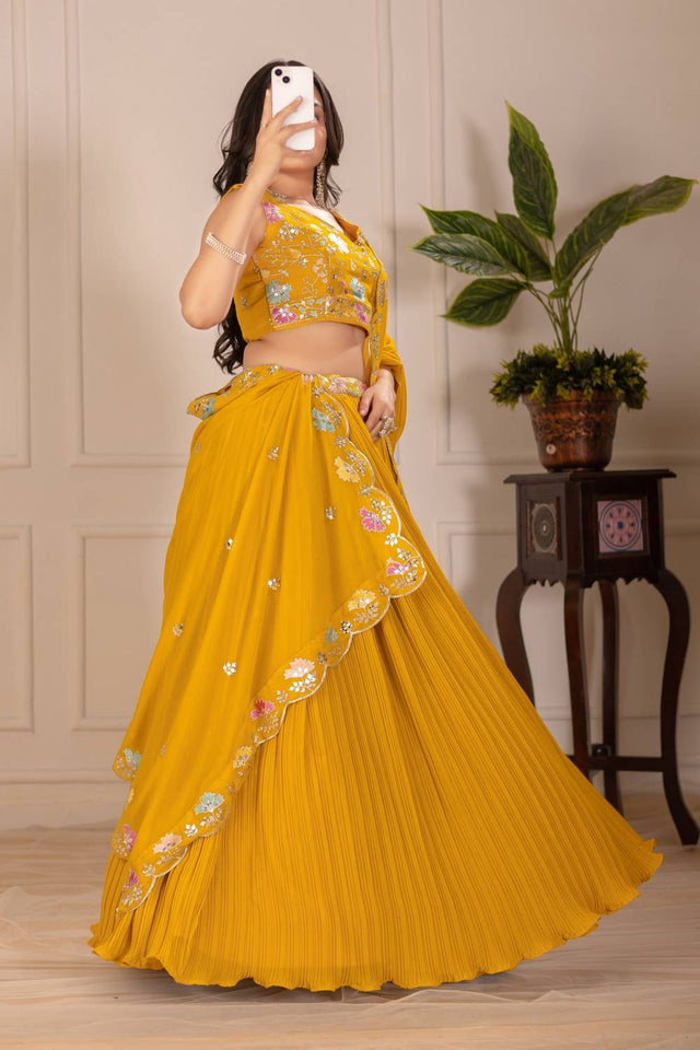Yellow Solid Georgette Lehenga