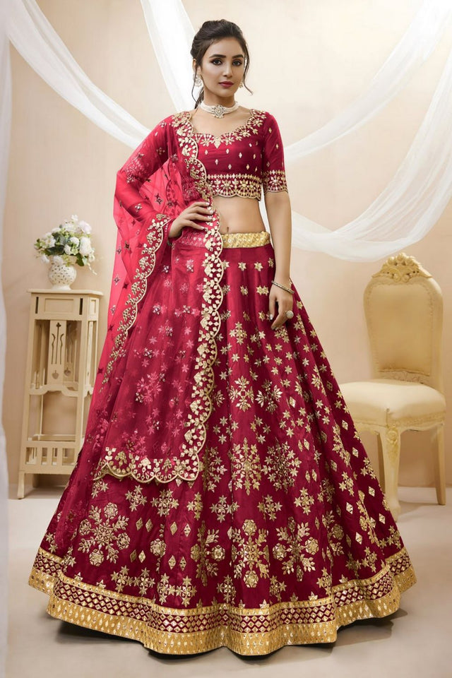 Red Heavy Embroidered Art Silk Lehenga (WF-502-Red)