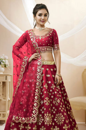 Red Heavy Embroidered Art Silk Lehenga (WF-502-Red)